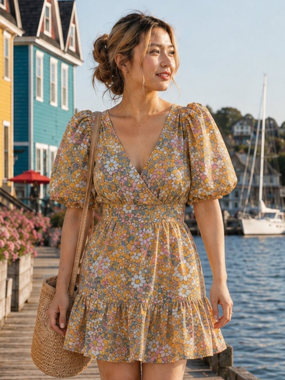 Anthropologie Rahi Pink Floral Cotton Mini Dress Surplice Puff Sleeve Size S EUC